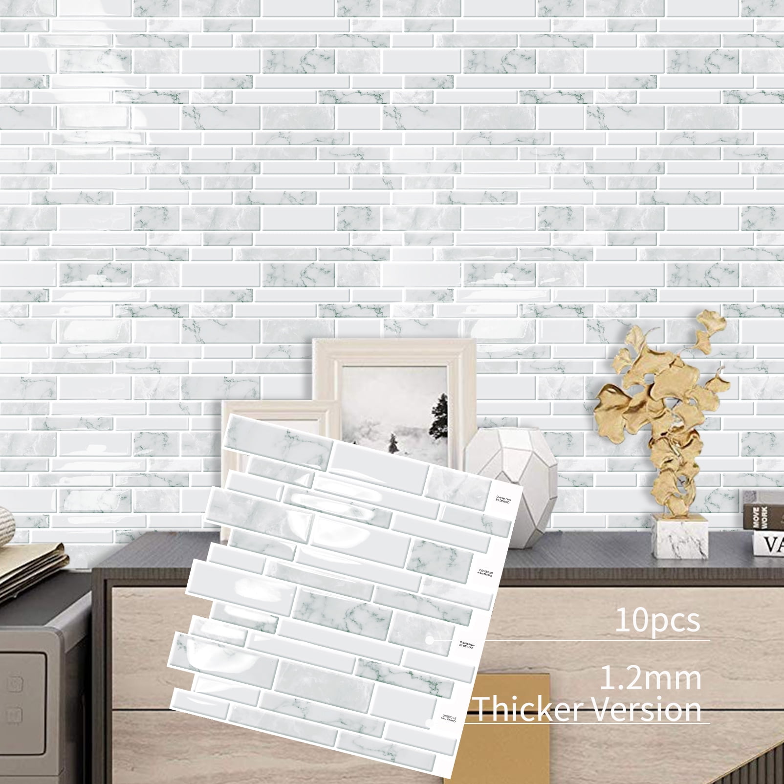DEWOO 10 Sheets Peel and Stick Tile Backsplash, Stick on Wall Tiles, Self Adhesive Tile Sticker for Kitchen Backsplash and Bathroom(12"x12",White Marble)
