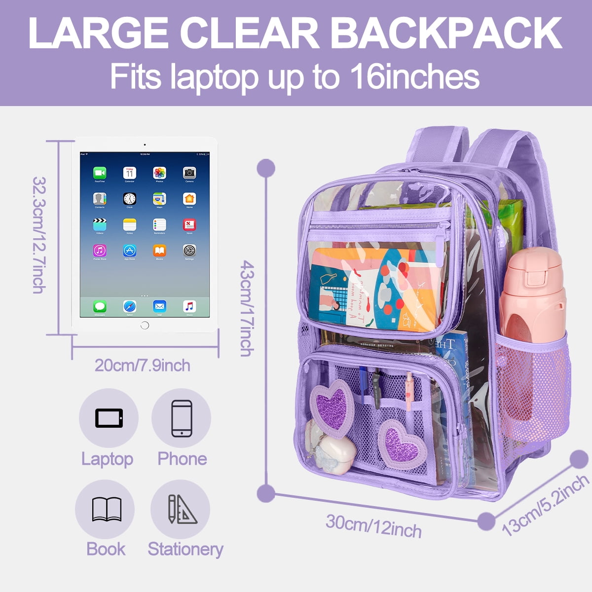 DAKIMOE Clear Backpack Heavy Duty Stadium Approved School Cute Transparent Backpacks Clear Bag Travel