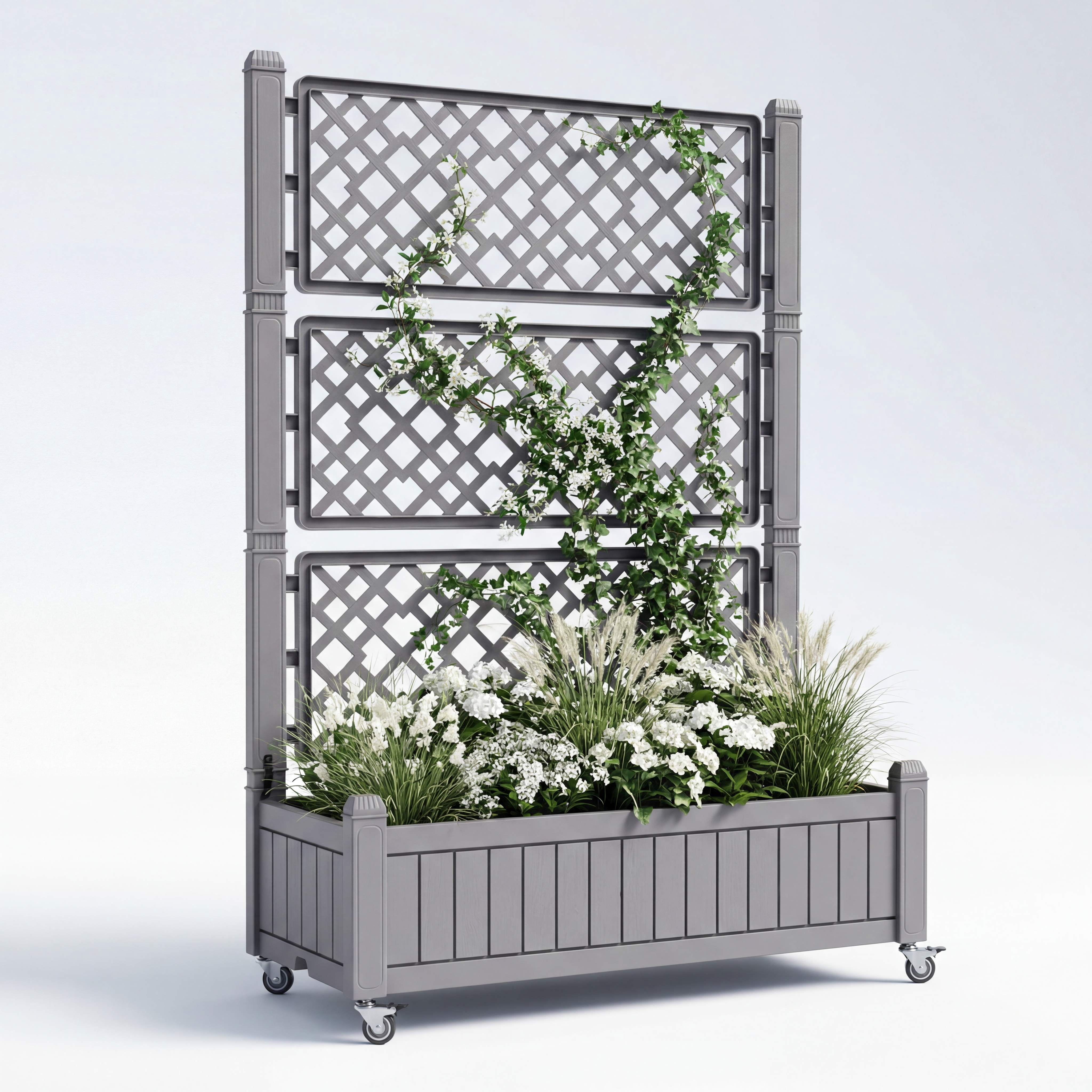 Uforic Outdoor 42.5x14.2x61 in Privacy Screen & Planter Box with Trellis, Raised Garden Bed with Wheels & Drain Plug, All-Weather Light Brown Planter for Climbing Plants, Flowers, Herbs