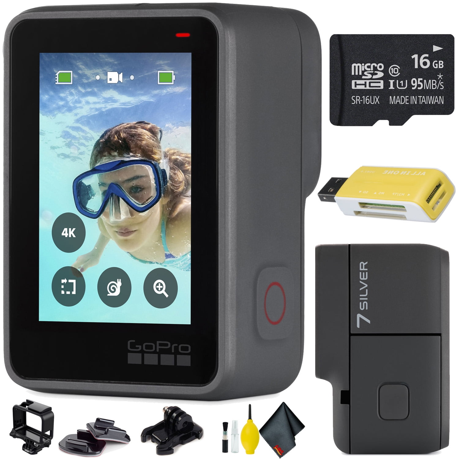 GoPro HERO7 Silver + Memory Card + Extra Battery + Cleaning Kit Combo