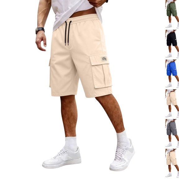 Mens Cargo Shorts Big and Tall Drawstring Elastic Waist Athletic Hiking Shorts Lightweight Bermuda Short with Pockets Khaki M