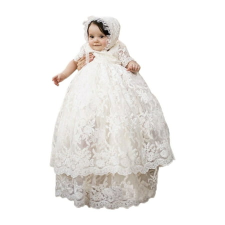 

Long Ivory Christening Gown for Baby Girls Lace Baptism Dress with Bonnet 9M