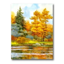 Designart ' Autumn Forest By The Lake Side I ' Lake House Canvas Wall Art Print