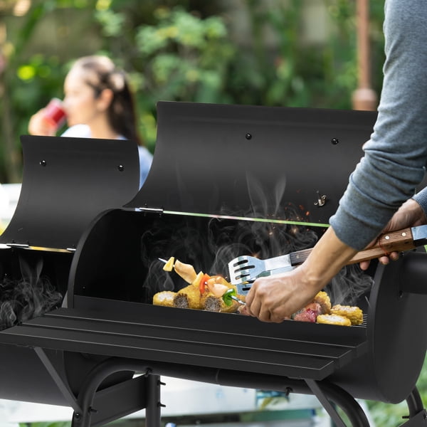 Charcoal Grill & Offset Smoker Combo - 43.7" Heavy-Duty All-Metal with Side Table, Wheels & Thermometer - Backyard, Patio BBQ Smoker