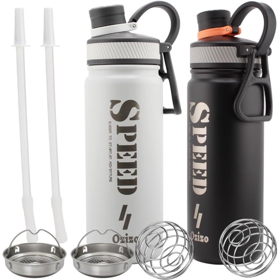 Ozizo Blender Bottle with Mixer and Straw , 22 ounces Insulated Stainless Steel Shaker Bottle for Protein Shakes, 2 Bottles