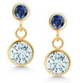 thumbnail image 2 of Gem Stone King 14k Yellow Gold Sky Blue Aquamarine and Blue Created Sapphire Two Stone Dangle Earrings for Women (1.78 Cttw, Gemstone March Birthstone, Round 6MM, Round 3MM), 2 of 4