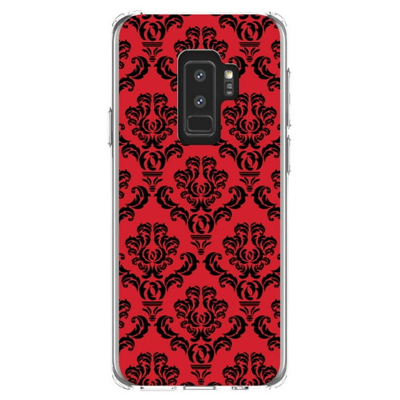 DistinctInk Clear Shockproof Hybrid Case for Samsung Galaxy S9  PLUS (6.2" Screen) - TPU Bumper, Acrylic Back, Tempered Glass Screen Protector - Red Black Damask Pattern - Floral Damask Pattern