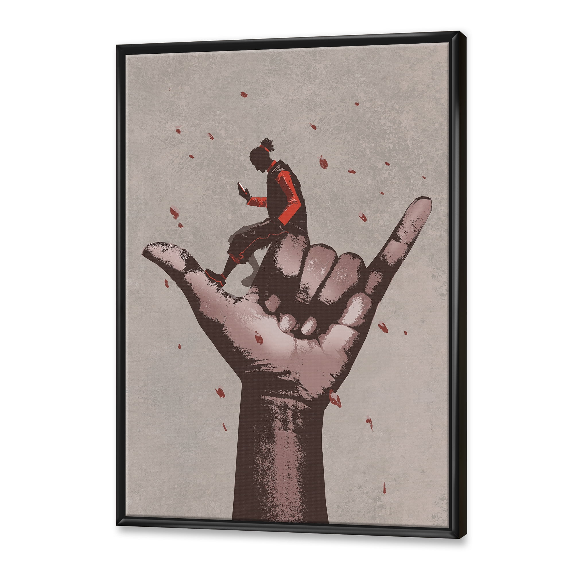 Designart 'Man Using Mobile Phone With Call Me Sign' Modern Framed Canvas Wall Art Print