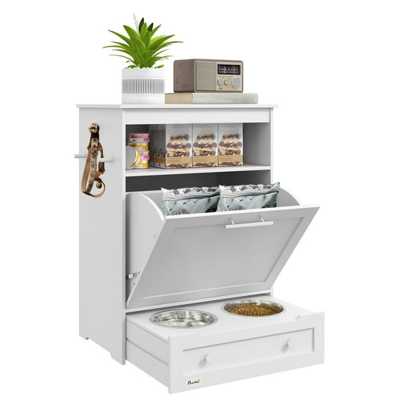 Pet Feeder Station with Storage, Dog Food Container with Bowls, White - Organizer for Supplies, Side Table, MDF Cabinet