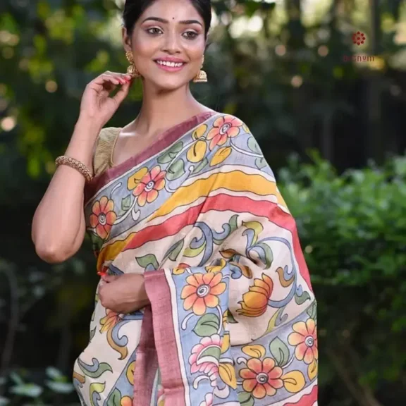 Pearl White Pure Silk Hand Painted Kalamkari Saree