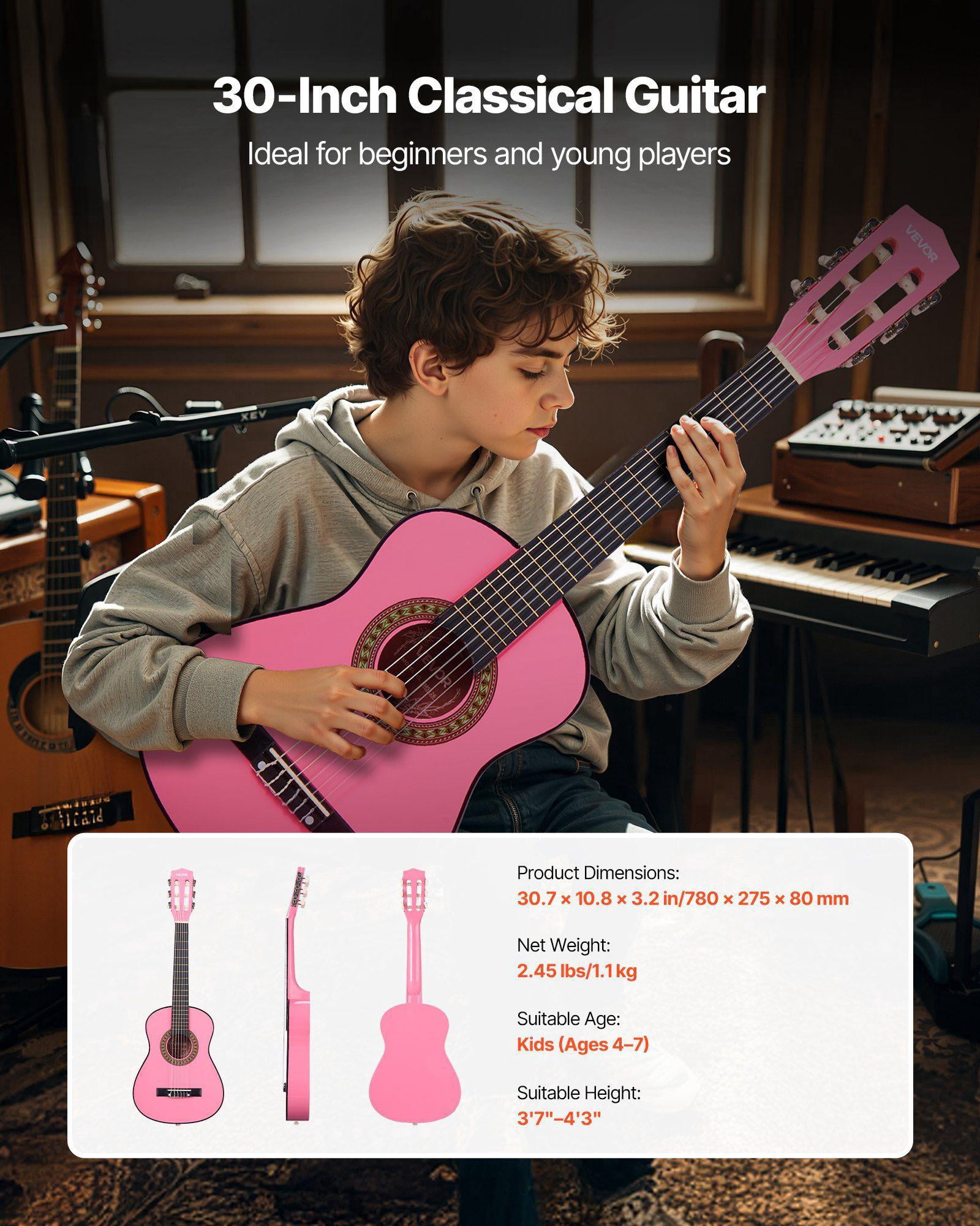 30 Inch Pink Basswood Classical Guitar Starter Kit for Beginners with Nylon Strings Gig Bag Strap Tuner Extra Strings Picks Capo for Kids Girls Boys Students