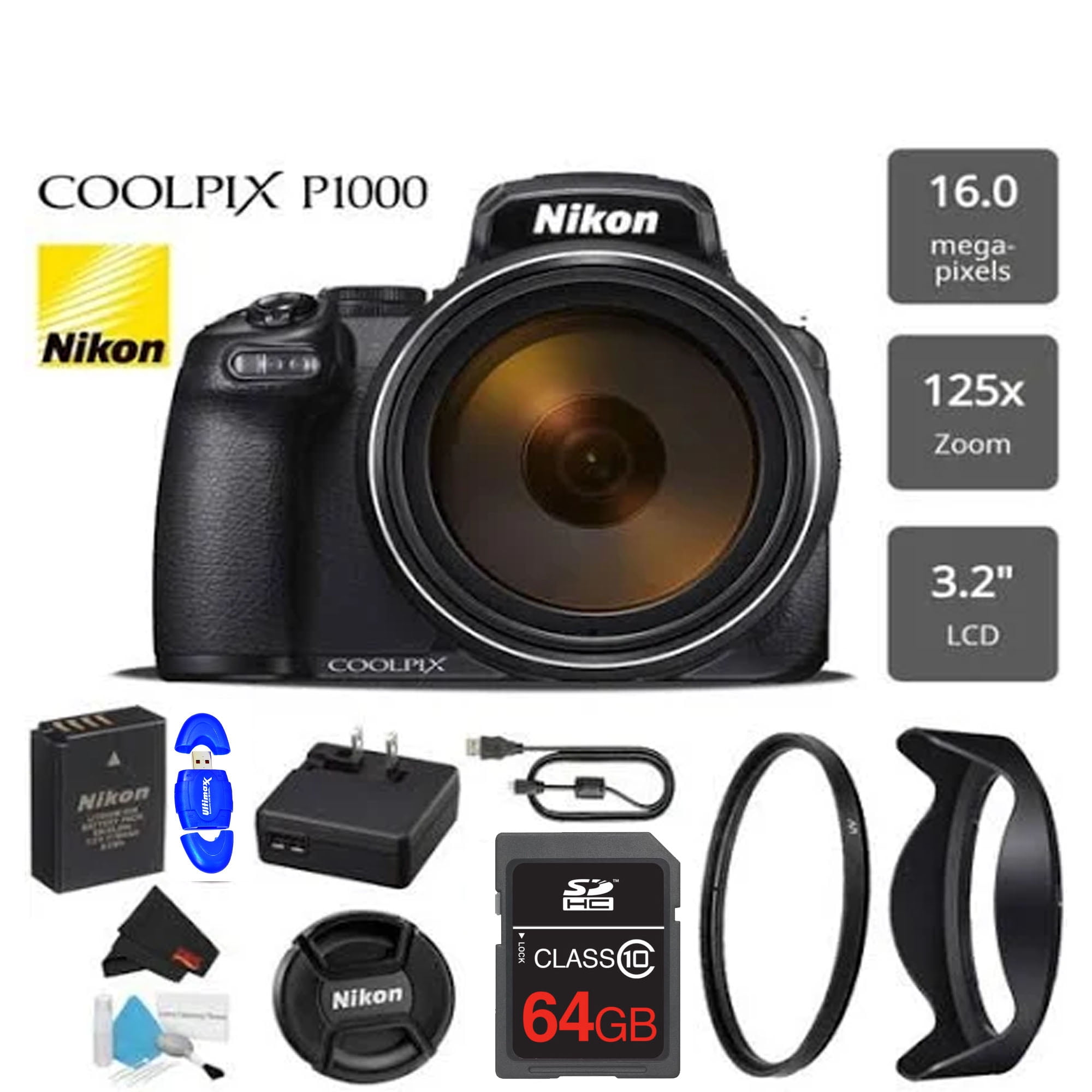 Nikon Coolpix P1000 16MP 125x Super-Zoom Digital Camera Starter Kit - Walmart.com
