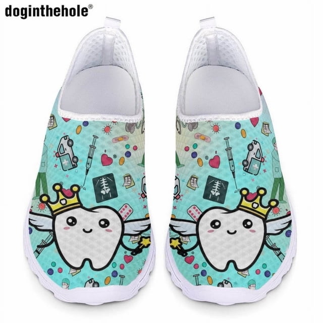 Doginthehole - Zapatos planos informales para mujer, nuevos, con estampado de dientes de dibujos animados Kawaii, de malla transpirable, ligeros, sin cordones, regalo
