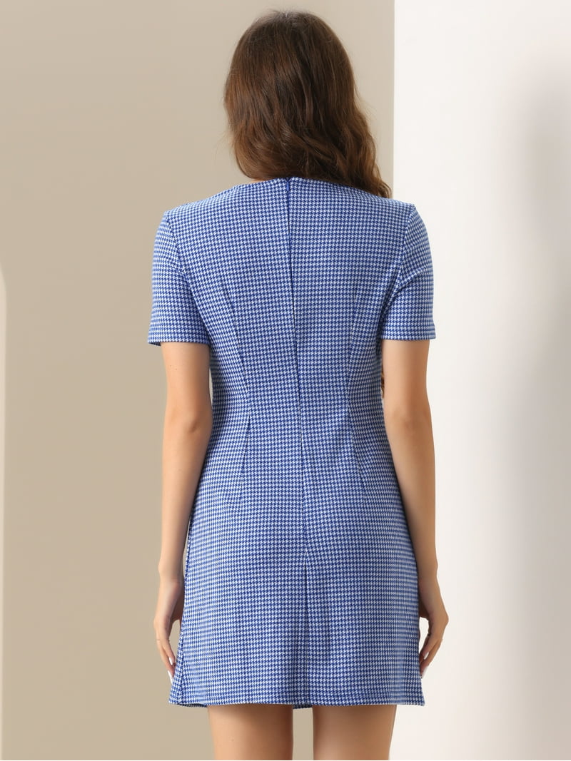 DARING DIVA Round Neck Short Sleeve Pencil Sheath Dress L Blue Houndstooth DARING DIVA Round Neck Short Sleeve Pencil Sheath Dress L Blue Houndstooth