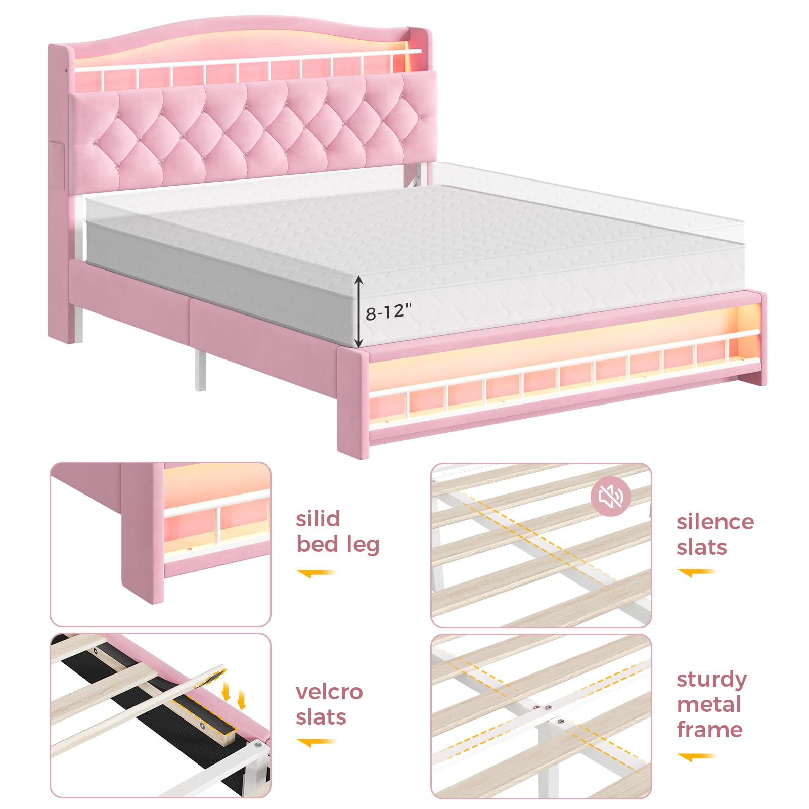 Afuhokles Full Size Bed with LED Lights and Charging Station, Upholstered Bed Frame with Hidden Storage Headborad, Sturdy Platform Bed, Pink