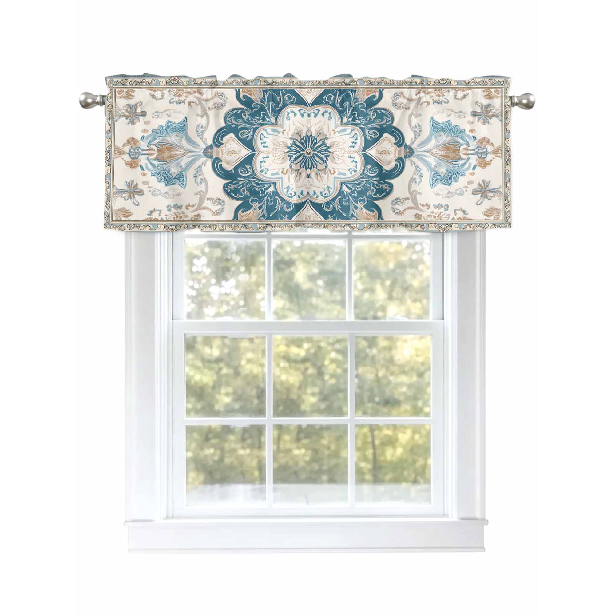 Boho Flowers Curtain Valances for Windows, Country Neutral Chic Abstract Floral Art Kitchen Valance Window Treatment, Light Filtering Block Curtains for Bathroom/Bedroom/Living Room 42'' x 12''