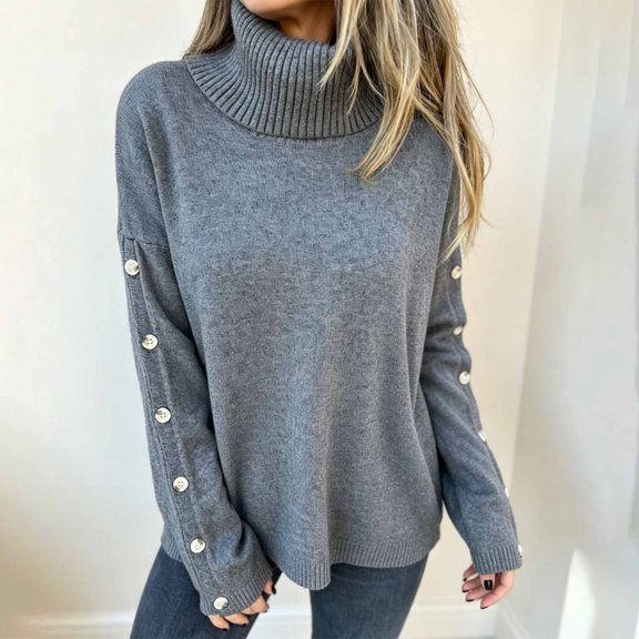 Turtleneck Sweaters for Women Long Sleeve Tops 2026 Fall Winter Fashion Clothes,Office Work Daily Wear Dressy Casual Outfits,Warm and Breathable,Soft Knitted Ribbed Button-Cuff Pullover Top Grey