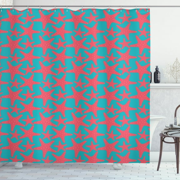 Nautical Shower Curtain, Starfishes Pattern Hand Drawn Marine Wildlife Design Ocean Fauna Illustration, Fabric Bathroom Set with Hooks, 69W X 84L Inches Extra Long, Teal and Coral, by Ambesonne