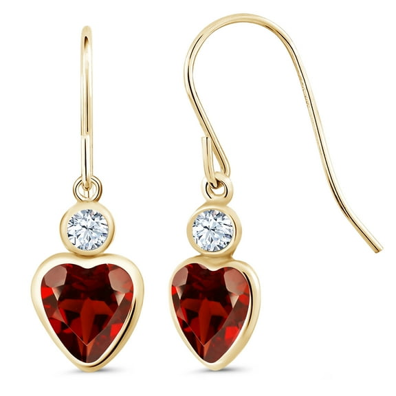 Gem Stone King 14K Yellow Gold Red Garnet French Wire Dangle Hook Earrings for Women (2.02 Cttw, Gemstone January Birthstone, Heart 6MM, Round 3MM)