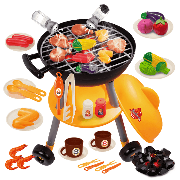 ToyM 45Pcs Kids Play Kitchen Toys, Kids BBQ Grill Kitchen Playset with Smoke, Sound & Light, Play Food Toys Cooking Set