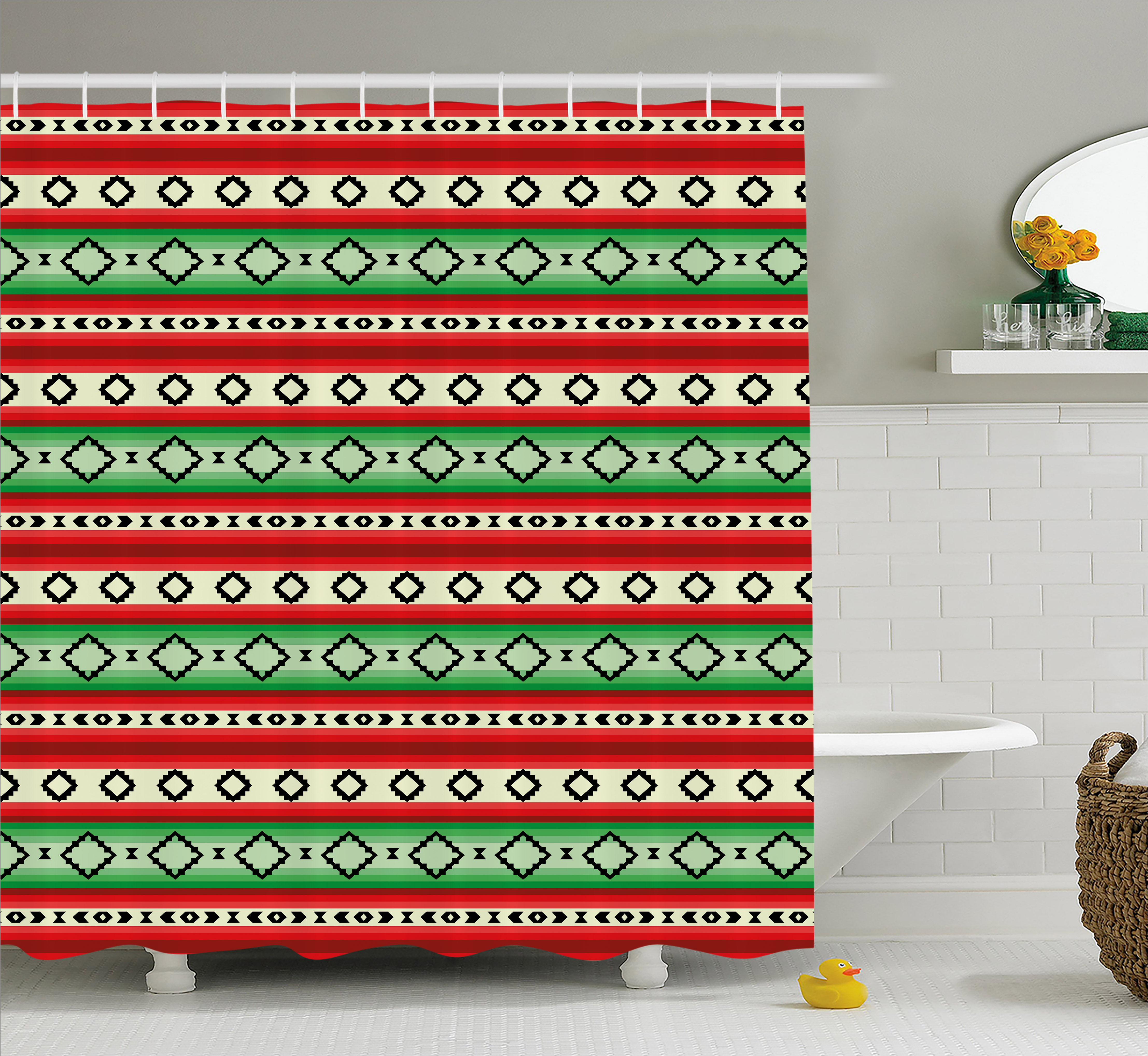 Fiesta Shower Curtain, Mexican Blanket Geometric Pattern Stripes and