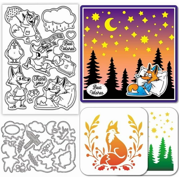 Cartoon Fox Chicken Clear Silicone Stamp Metal Cute Autumn Animal Frame Cutting Die Cuts Layering Starry Sky Paint Craft Stencils for Card Making Scrapbooking Craft DIY Embossing