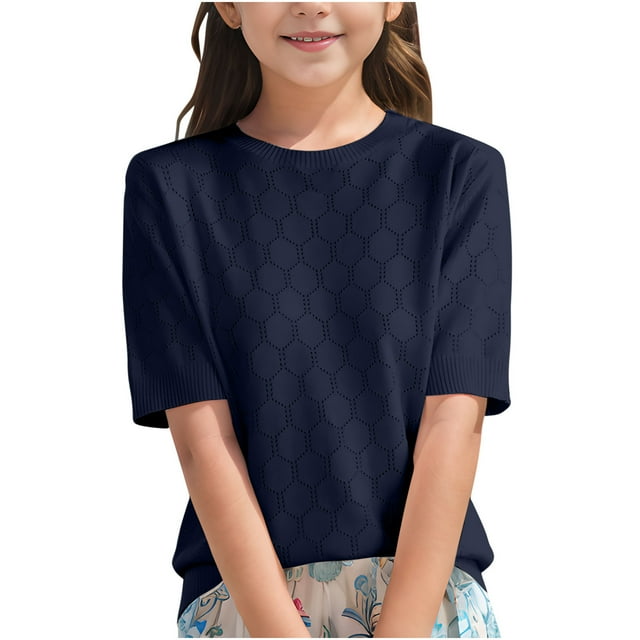 Posijego Chandail à Manches Courtes pour Filles, Col Rond, Tricoté, Décontracté, Ample