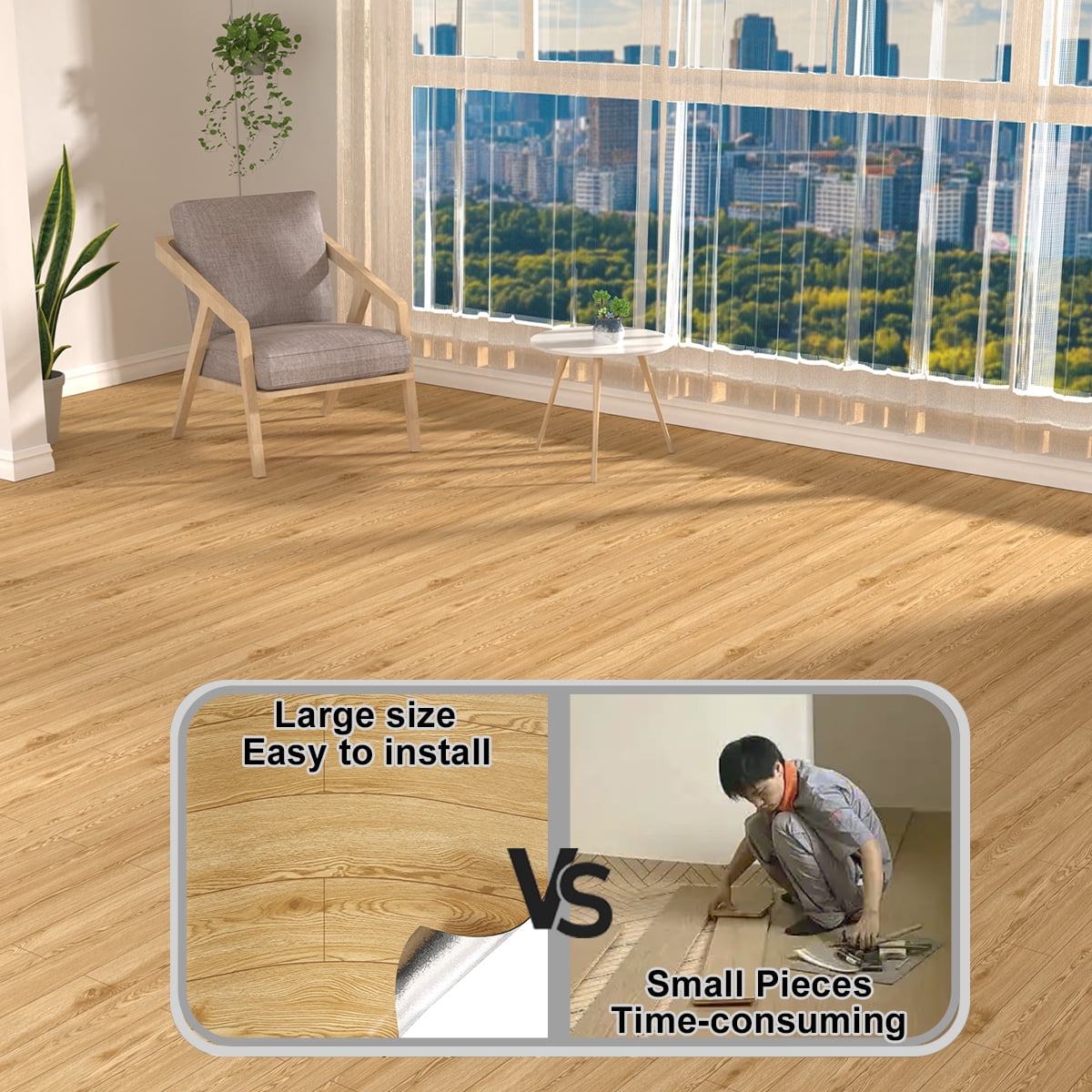 Vinyl Flooring Roll PVC Thickened Peel and Stick Floor Wood Plank Self Adhesive Flooring DIY 23.6" X 118" Nature Wood
