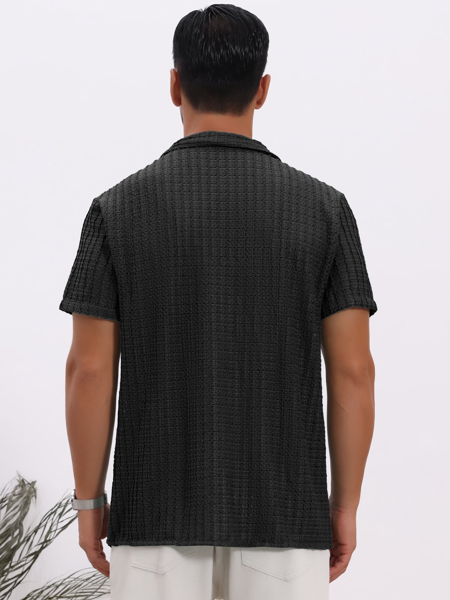 DARING DIVA Men's Casual Knitted Hollow Out Short Sleeve Shirt L Black
