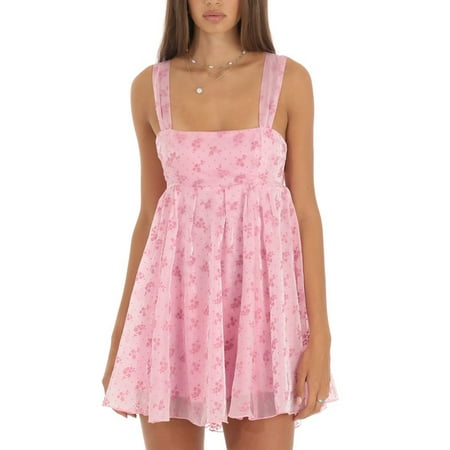 Pudcoco Women Y2K Tulle Spaghetti Strap Mini Dress Backless Floral Sheer Mesh Flowy Ruffle Babydoll Mini Dress Summer Clubwear