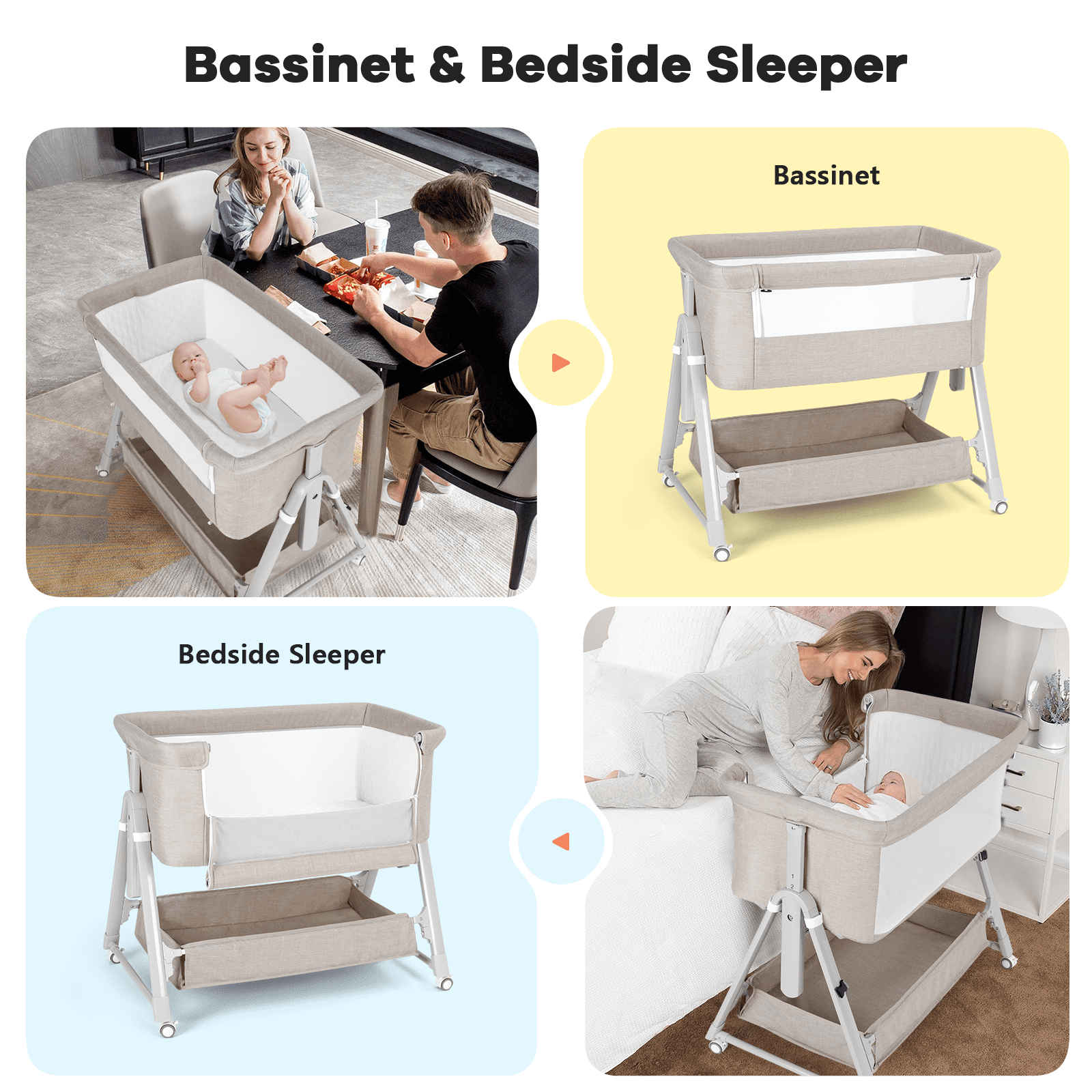 Cowiewie Baby Bassinet, Portable Bedside Bassinet with Wheels, Storage & Travel Bag, for 0-6 Months, Brown