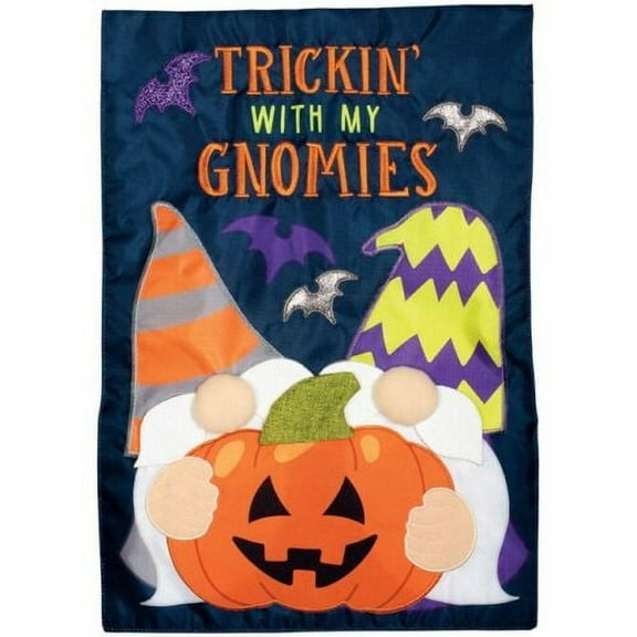 Halloween Gnomes Pumpkin Bats Trickin With My Gnomies Applique Garden Flag