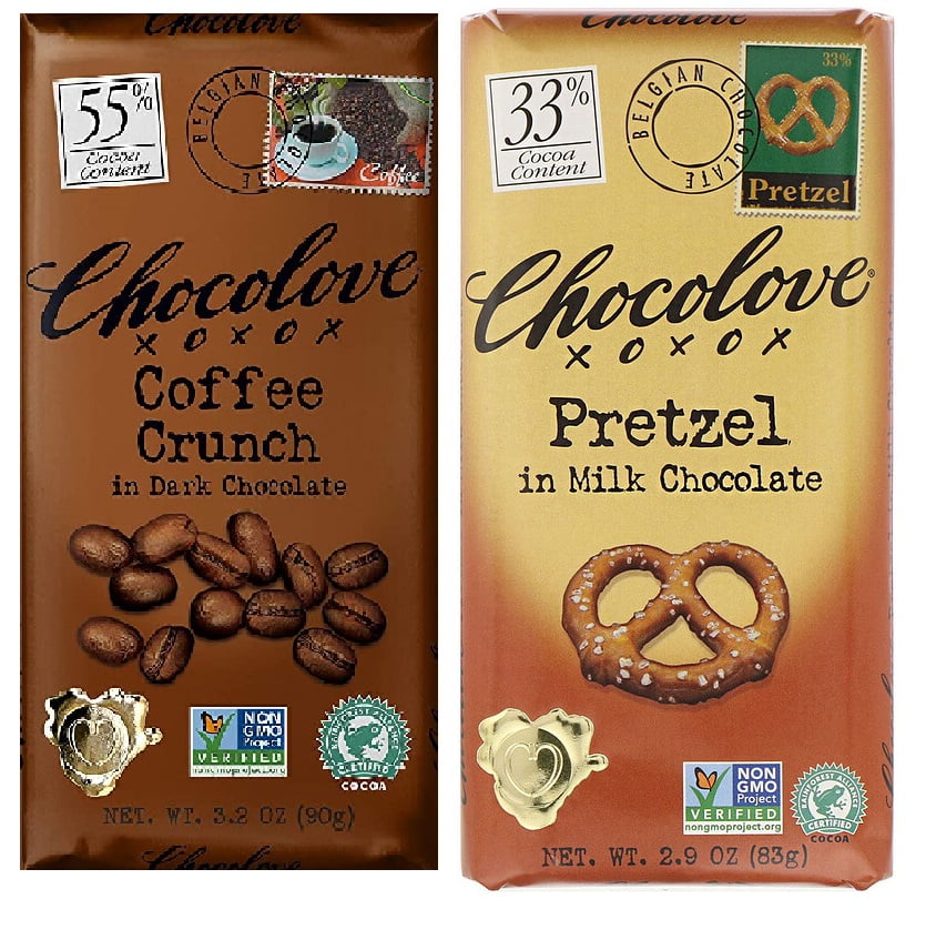 Chocolove  Bar chocolate | Pretzel in milk chocolate and Coffee Crunch in Dark Chocolate 3.2 Oz Variety of 2