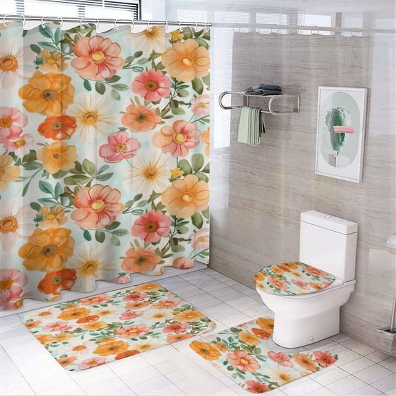 Floral Colorful Flower 4 Piece Shower Curtain Sets, Non-Slip Rugs, Toilet Lid Cover And Bath Mat, for Bathroom Decor Set, 72" X 72"