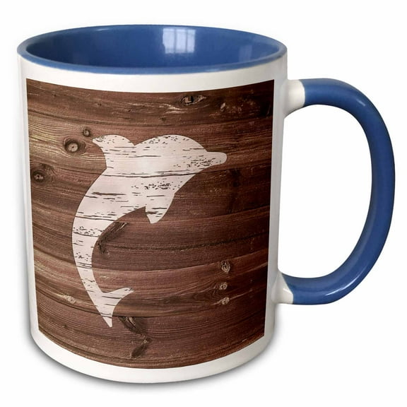 3drose, White Painted Dolphin on Brown Weatherboard- Not Real Wood, 11oz Two-tone Blue Mug