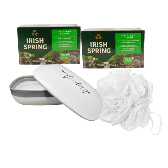 Bathroom Accessories Soap Dish Set - Leak-Proof Travel Case, Plastic Containers with Lids, Affirmation 'Be the Change' with Loofah 2 Pack Irish Springs Bar  Soap