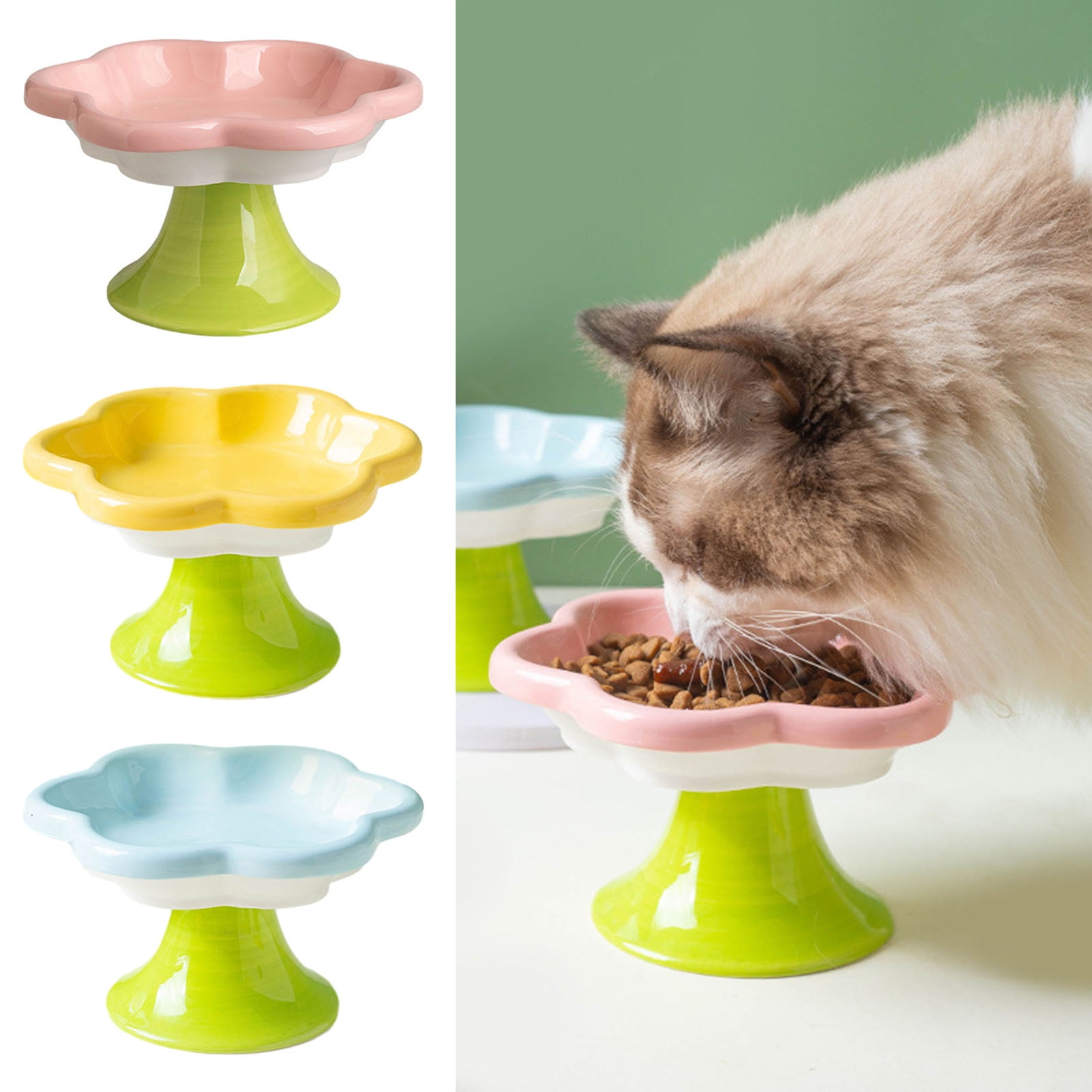 YIFAEUX Ceramic Raised Cat Bowls Flower Design Elevated Cat Food Water Bowl Small Cat Feeding Dish for Cats Small Dogs