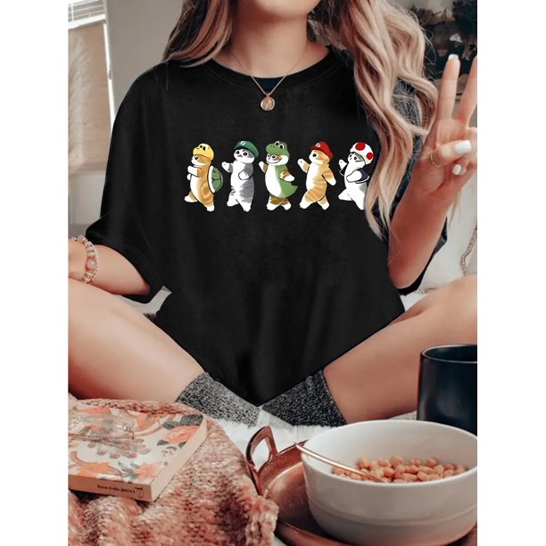 Women's Plus Size Casual Sporty T-Shirt, Cute Cats Print, Comfort Fit Short Sleeve Tee, Fashion Breathable Casual Top