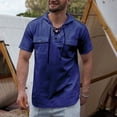 thumbnail image 1 of Men's Retro Hooded Linen Shirt Renaissance Medieval Gothic Short Sleeve Beach V-Neck Drawstring Yoga African Summer Top, 1 of 8