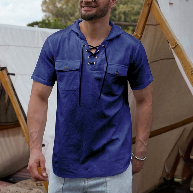 Men's Retro Hooded Linen Shirt Renaissance Medieval Gothic Short Sleeve Beach V-Neck Drawstring Yoga African Summer Top