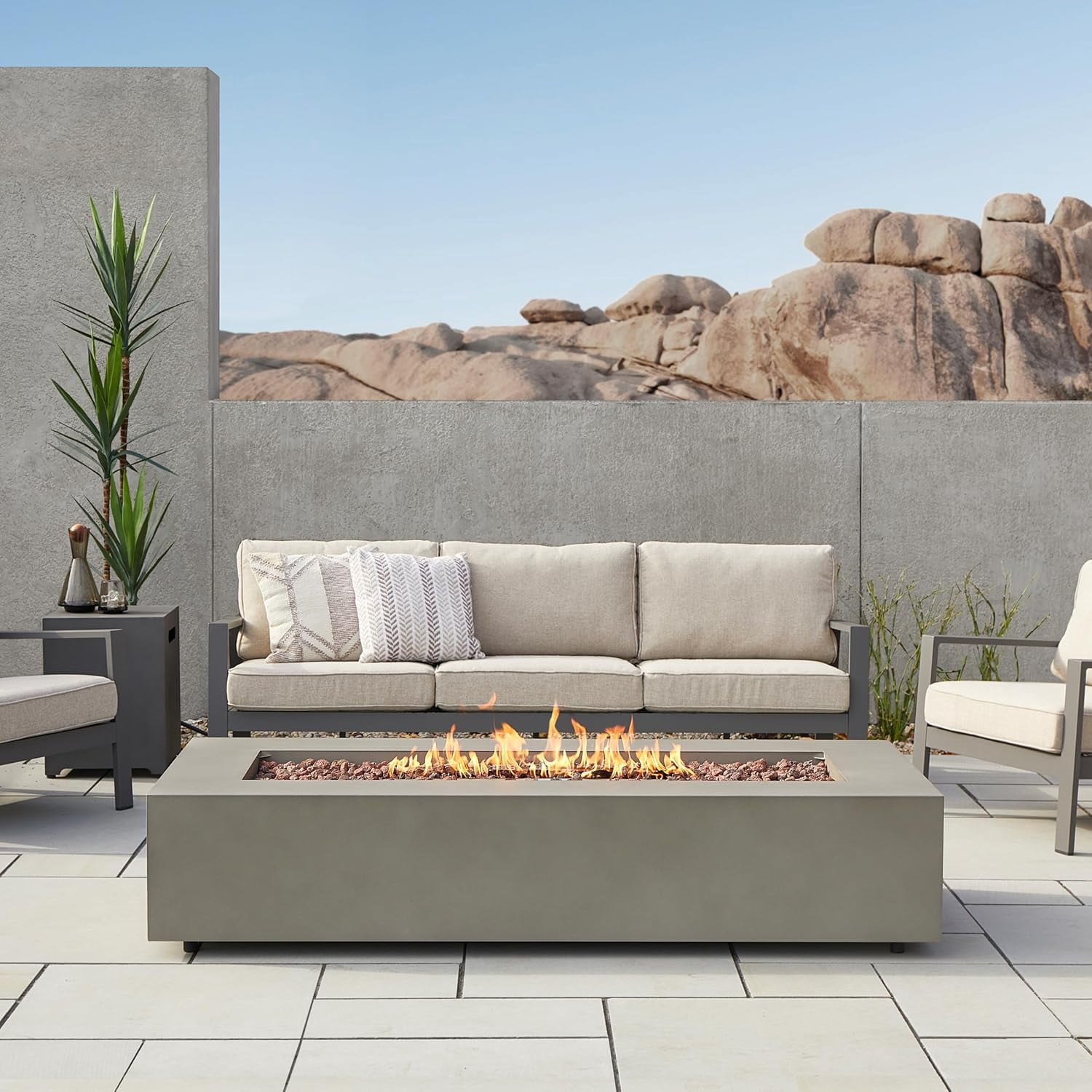 Real Flame Aegean 70" Rectangle Steel Propane or Natural Gas Fire Pit Table in Mist Gray
