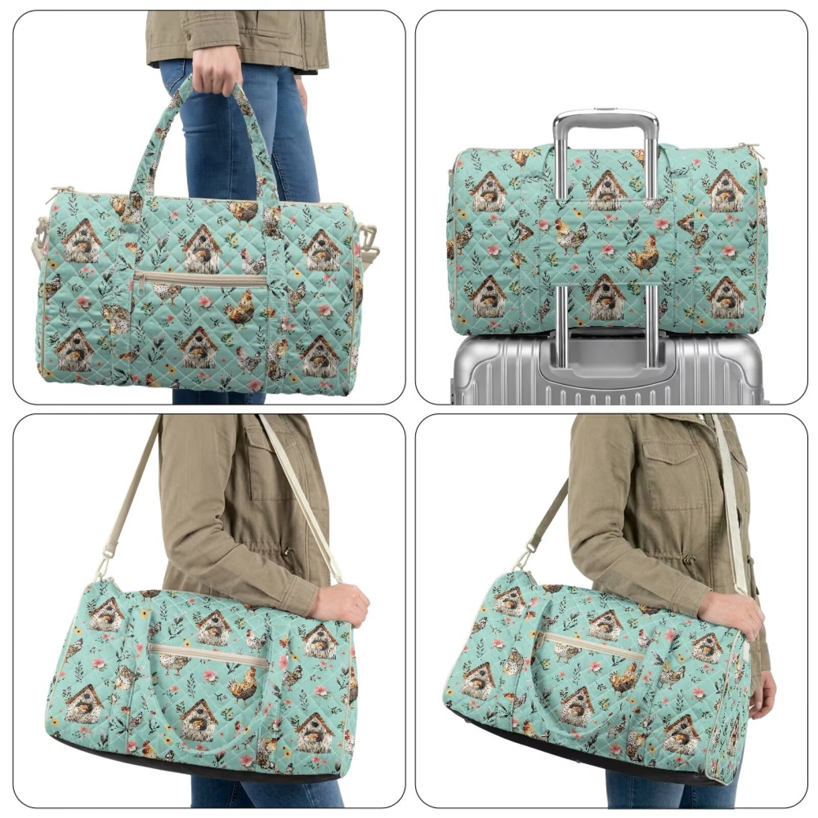 Garronmavis Large Quilted Duffle Bag for Women, Green Chicken Floral Print Weekender Bag Travel Carry On Tote Overnight Gym Dance Bag with Luggage Sleeve