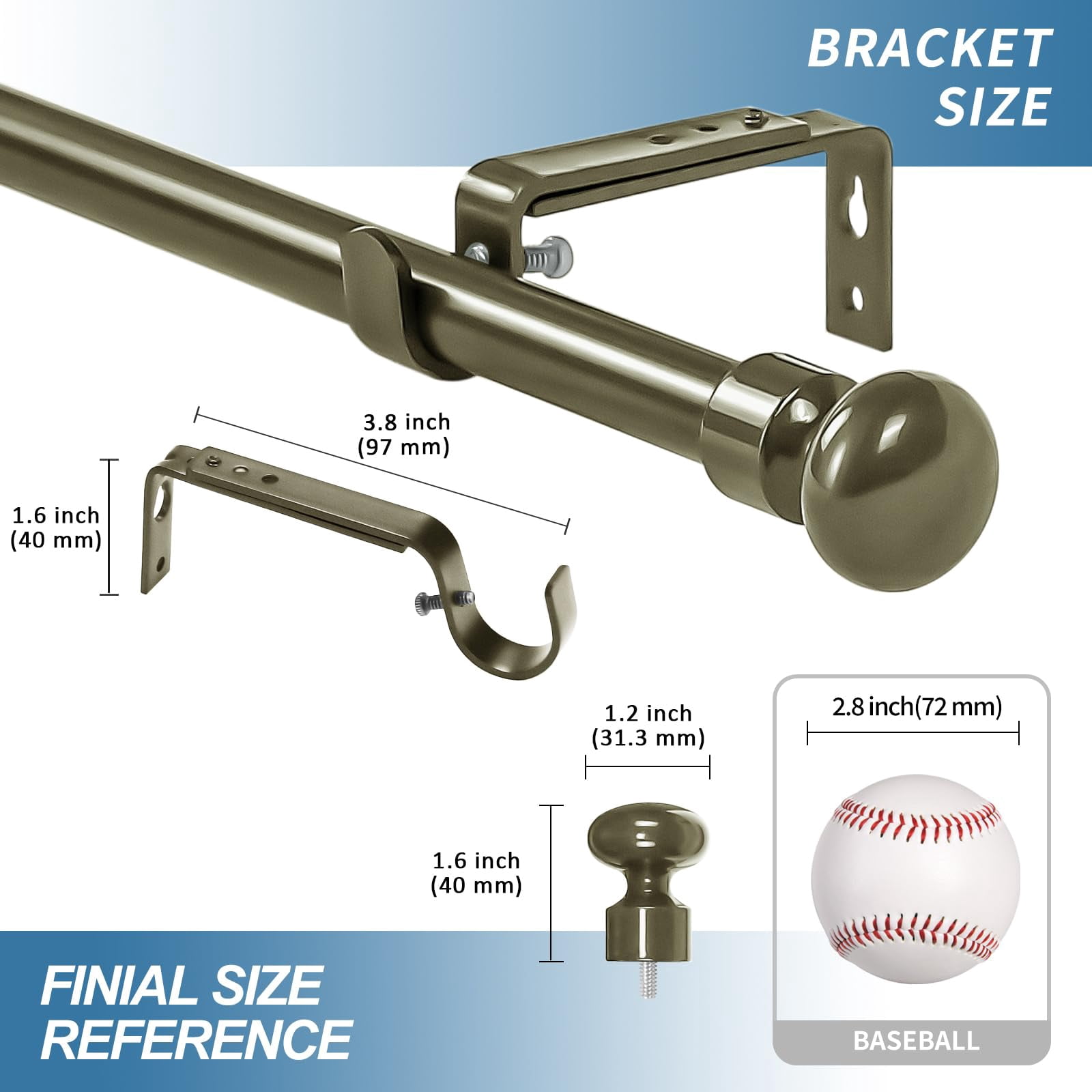 Urbanest Oval Designer Single Curtain Rod – Decorative Metal Finials, 5/8" Diamter Drapery Hardware Set Window Treatments, 48" to 84", Antique Gold
