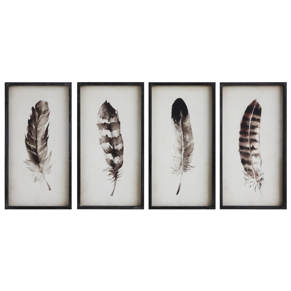 Creative CoOp Black & White Wood Framed Feather Wall Decor (Set of 4