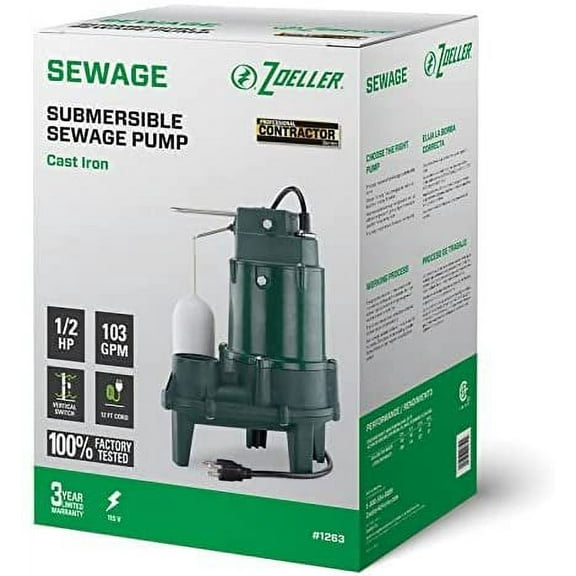 Zoeller 1/2 HP Horsepower 6000 GPH Cast Iron Vertical Float Switch Submersible Sewage Pump - Case of: 1;