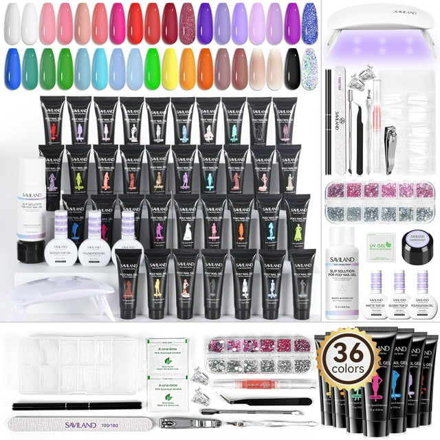Kit de uñas de poligel SAVILAND Glow & Go con 36 colores y lámpara