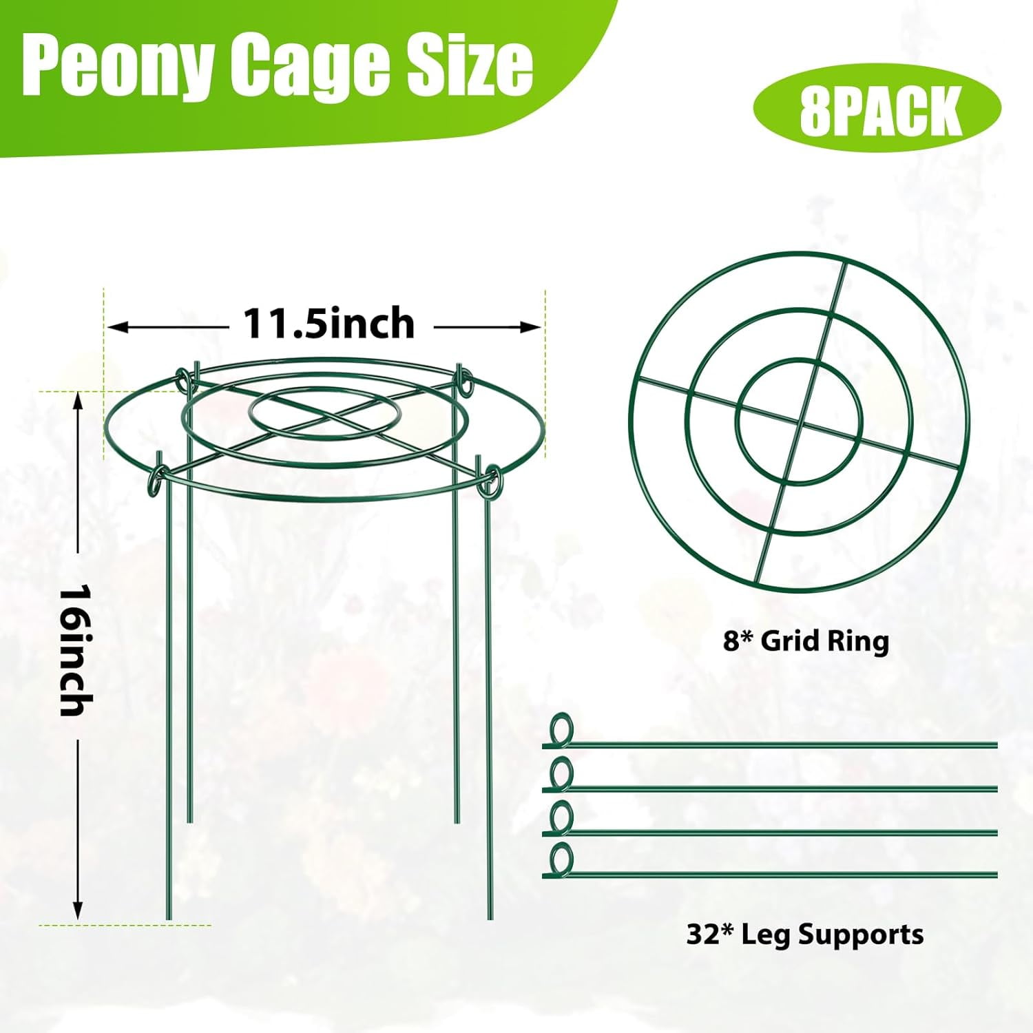 8 Pack Peony Cages and Supports – 11.5" Dia x 16" H Heavy Duty Metal Flower Support Rings for Outdoor Plants, Rose, Tomato, Hydrangea, Strawberry