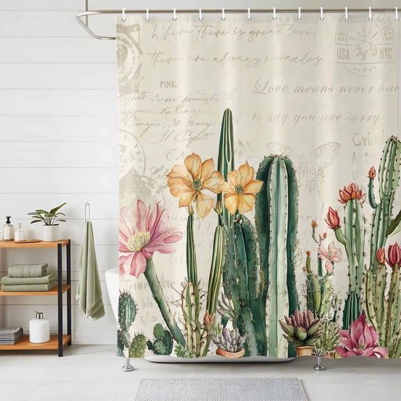 Shower Curtains for Bathroom, Vintage Green Cactus Waterproof Fabric Shower Curtain, Spring Floral Watercolor Botanical Decorative Bathroom Curtain for Bathtub, 72"x72", No Hooks Included
