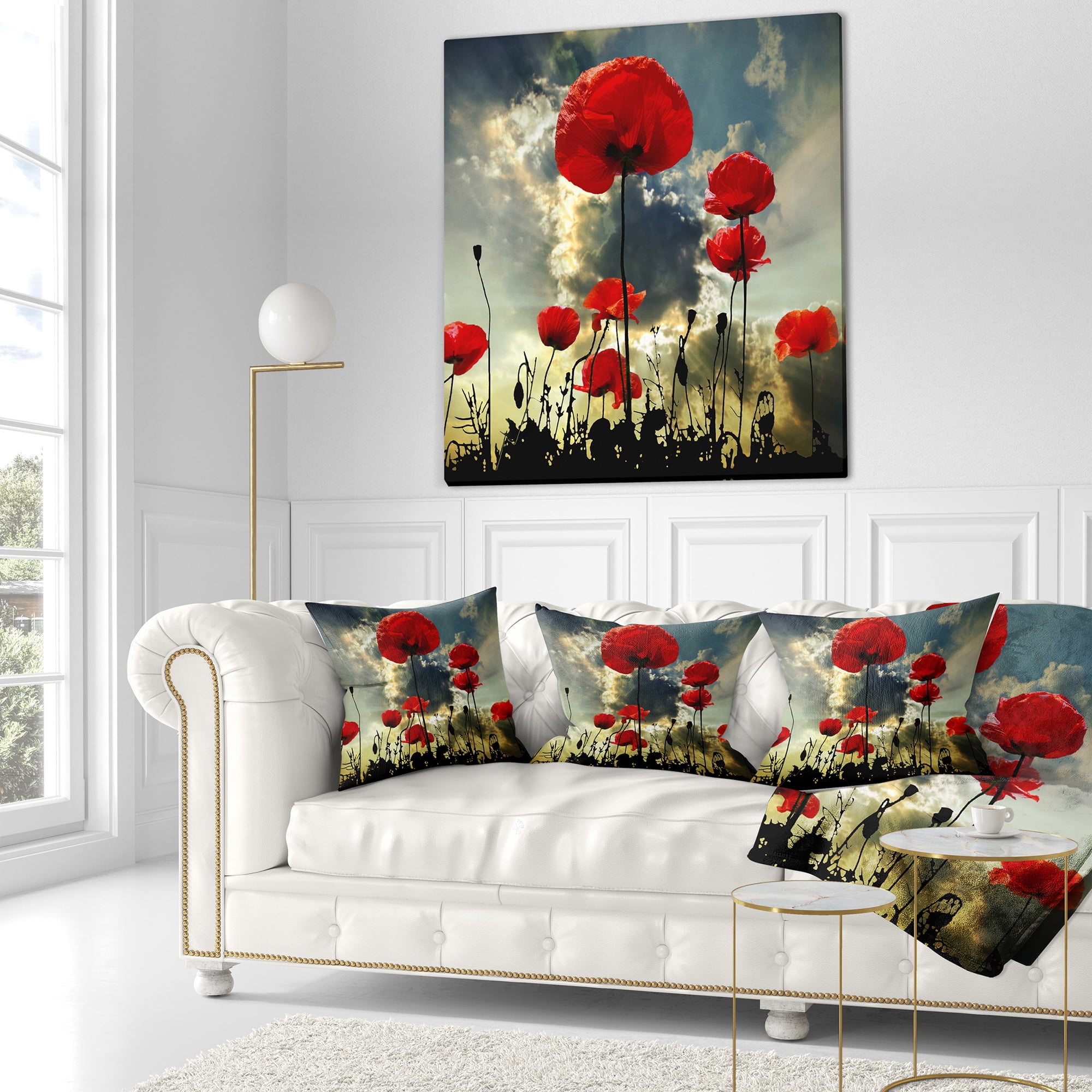 Designart Poppies on Thunderstorm Background - Floral Throw Pillow - 16x16