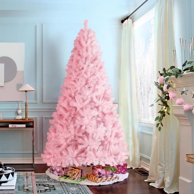 Pink Artificial Christmas Tree 7ft, Full Pre-Hinged Unlit Tree with 1000 Branch Tips and Foldable Stand, Easy to Assemble, Realistic PVC Pine for Office, Party, Holiday Decoration